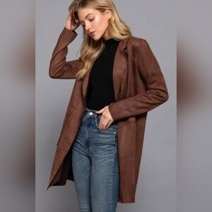 Elegant Brown Women's Long Sleeve Open Front Faux Suede Jacket